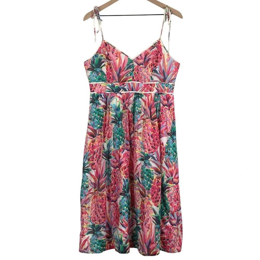 J.CREW Pineapple Print Tie Shoulder Cotton Midi Dress Sz 8 Pink Pockets